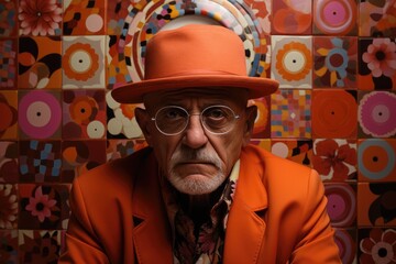 Canvas Print - Elderly man in orange suit in front of colorful wall