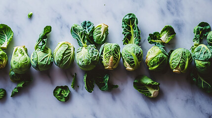 Wall Mural - Top view of fresh green brussels sproutsle background