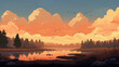 illustration of a lake view with pine trees around it at dusk