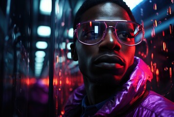 Sticker - Black person at night with bright purple lights in his glasses