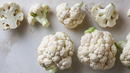 Fresh cauliflower on white marble background, top view. Healthy food