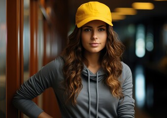 Wall Mural - Girl stretches while wearing a yellow shirt and beanie