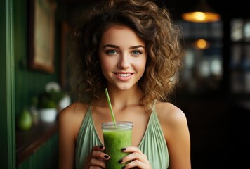 Wall Mural - Woman drinking green smoothie with straw