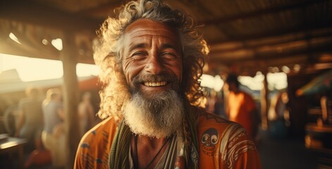 Elderly bearded man posing and smiling in beach bar