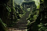 Fototapeta Las - Magnificent view of forgotten ancient ruins deep in the forest with no traces of humans