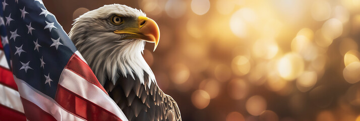 Patriotic banner with bald eagle and American flag on bokeh background