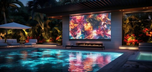 Wall Mural - A modern backyard oasis with a pool and an integrated video mapping system, projecting 3D intricate, animated patterns, video mapping vista