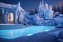A Modern Backyard With A Pool Featuring An Ice-blue Lighting Scheme, Creating 3D Intricate, Icy Patterns On The Pool Walls, Frozen Finesse