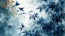 Watercolor Bamboo Design In Blue And White With Birds And Birds On A White Background, In The Style Of Dark Gold And Gray.
