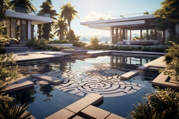 Wall Mural - A luxury backyard with a pool and a surrounding Zen garden, the raked patterns mirroring 3D intricate, Zen patterns in the water, Zen zephyr