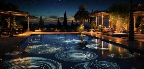 Wall Mural - A luxury backyard with a pool and a series of projected, celestial maps on the water, creating 3D intricate, stargazing patterns, celestial showcase