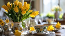 Yellow tulips at easter dining table