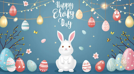 Wall Mural - Happy Easter card with easter eggs garland and rabbit. Simple decoration.