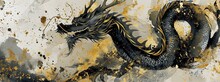 Happy New Year Of The Dragon, In The Style Of Ink Wash Collages, Light Gray And Dark Gold, Elegant Brushstrokes, Decorative Borders, Watercolor.