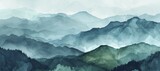 Minimalistic landscape art background with mountains and hills in blue and green colors. Abstract banner in oriental style with watercolor texture for decor, print, wallpaper