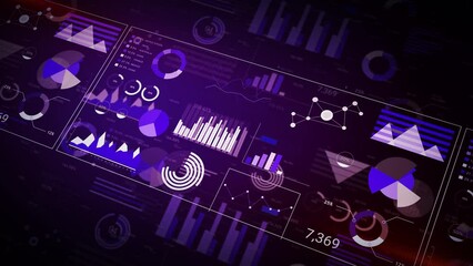 4K Futuristic Big data and stock market business 3D space, showing pie charts, numbers and graphs in blue and purple background. hologram, illustration, report, business, growth and global concept.