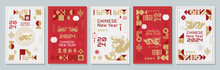 Modern Art Chinese New Year 2024 Design Set In Red, Gold And White Colors For Cover, Card, Poster, Banner. Vector Illustration