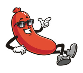 Sausage lying down relaxing and wearing sunglasses cartoon mascot illustration character vector clip art