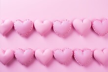 Festively decorated Valentine's Day hearts on a pink background, flat lay. space for text