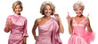 Happy senior woman smiling and laughing wearing in evening dress. Beautiful adult woman shows a gesture of attention. Old lady showing thumbs up gesture. Cosmetology concept. Isolated on transparent.