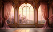 Elegant Vintage Ballroom Interior with Ornate Golden Trim and Flowing Pink Curtains at Sunset