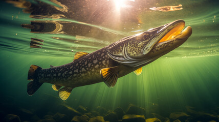 Wall Mural - Predatory fish pike in habitat, under water looking for prey. Sport fishing concept.