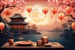 Happy chinese new year of the rabbit zodiac sign with flower,lantern elements watercolor background