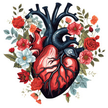 Red And Navy Blue Anatomical Heart With Flowers Illustration Isolated With A Transparent Background, Valentine’s Day Card Design
