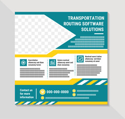Poster - abstract social media post banner template design with headline is transportation routing software solutions. half hexagon space for photo collage. Advertising banner with square layout. infographic