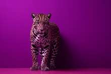 A Sleek And Powerful Jaguar Prowling Confidently Against A Deep Violet Wall.