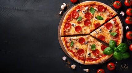 Wall Mural - Pizza on dark background copy space flat lay space for text