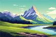 Beautiful Nature Landscape. Green Forest Landscape with Lake and Mountain. Serene landscape with a lush green Nature. Beautiful Mountains and trees. Mountain lake landscape vector illustration.