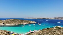 Aerial View Of Comino Island, Part Of Malta. Blue Lagoon, Summer, Boats, Blue Sea