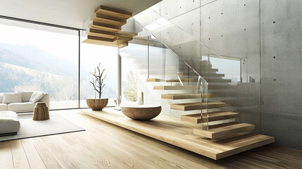 Sticker - A light oak staircase with floating steps and glass sides, offering a minimalist yet striking feature in a sophisticated home.