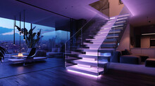 A Modern Neon Staircase Blending Rich Dark Wood With Light-colored Accents, Glass Balustrades, And Elegant LED Strip Lighting Under The Handrails.