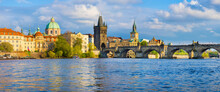 Panorama Of Old Town With Charles Bridge On Vltava River And Old Town Bridge Tower, Famous Tourist Destination In Prague, Czech Republic