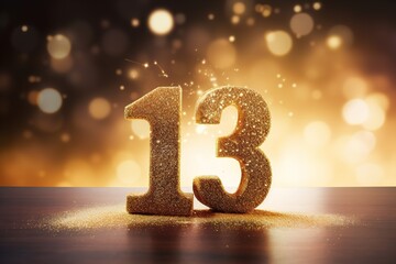 Wall Mural - Golden sparkling number thirteen on dark background with bokeh lights. Symbol 13. Invitation for a thirteenth birthday party or business anniversary.