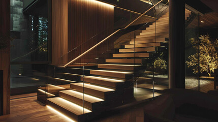Poster - A modern wooden staircase with a bold contrast of dark and light wood hues, framed by glass railings and softly lit by LED strips under the handrails.