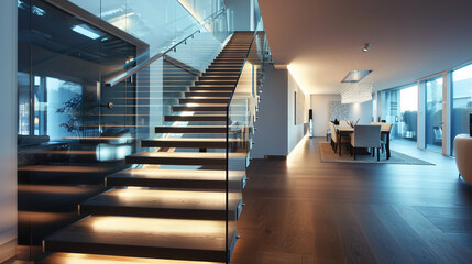 Poster - A sleek staircase with alternating dark and light wood treads, glass balustrades, and soft LED lighting under the handrails, in a modern, airy residence.