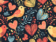 seamless pattern with love birds and hearts, generative ai
