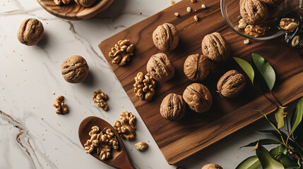 Wall Mural - Walnuts and walnut kernels on wooden boardle table, top view