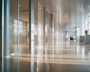 Sticker - An empty hallway with glass walls and a desk. Generative AI.