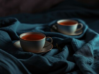 Canvas Print - Two cups of tea on a blue blanket. Generative AI.