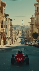 Wall Mural - A red racing car drives down a city street. Generative AI.
