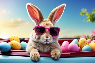 Wall Mural - Easter bunny wearing glasses on a car and colorful eggs