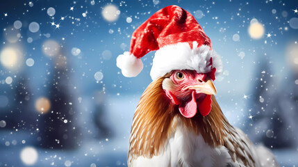 Wall Mural - A chicken wearing a santa hat on a blue background with snowflakes and stars in the background