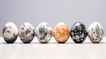 Wall Mural - A row of eggs with different designs on them in a row on a white table with a gray background