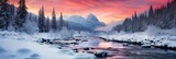 Fototapeta Most - horizontal banner cover of snowy mountain range in winter with frozen river