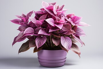 Wall Mural - Pink and purple Aglaonema in a pot on white background