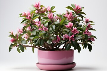 Wall Mural - Pink rhododendron in a pot on a white background